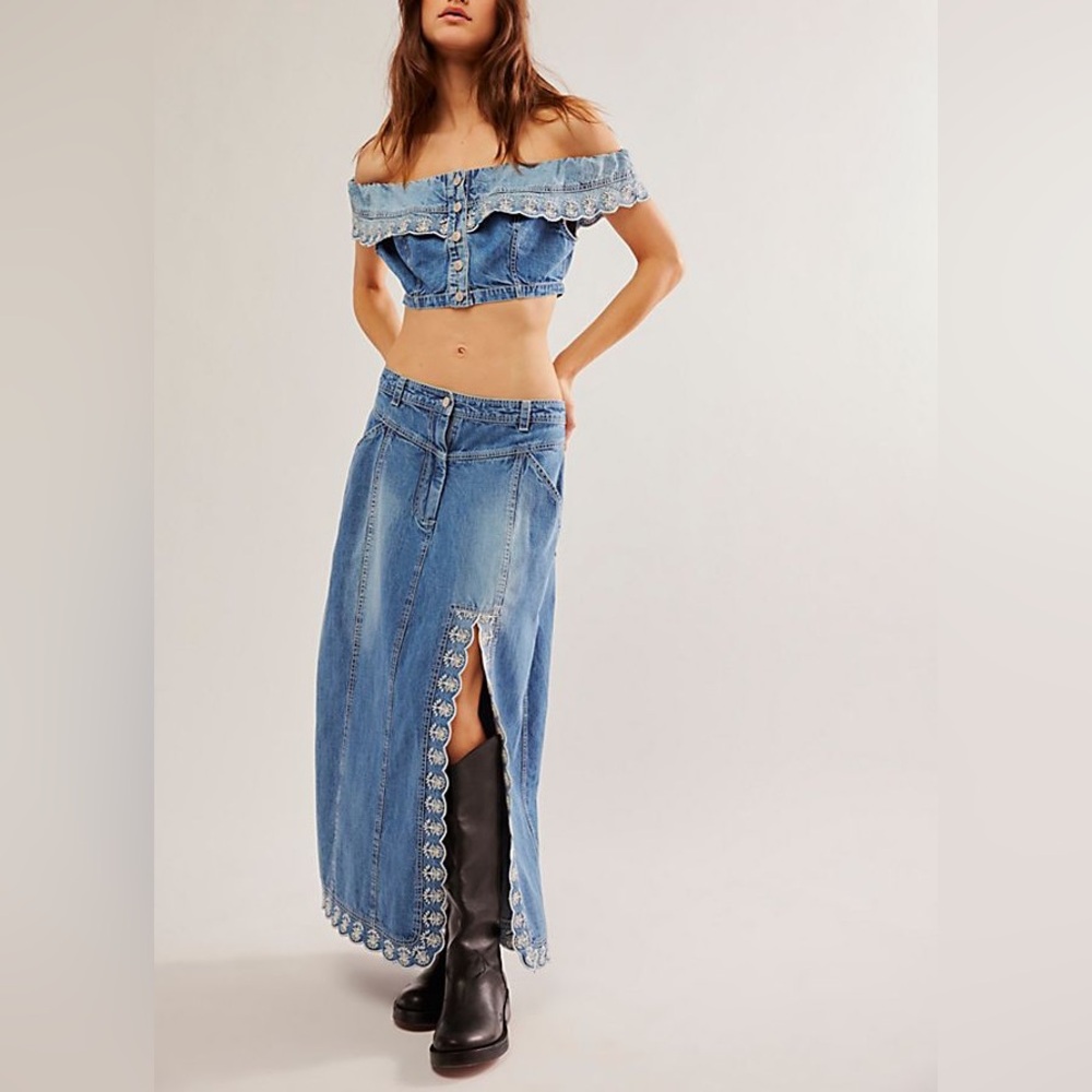 Free People Kora Set - Embroidered Denim Off-Shoulder Crop Top and Maxi Skirt